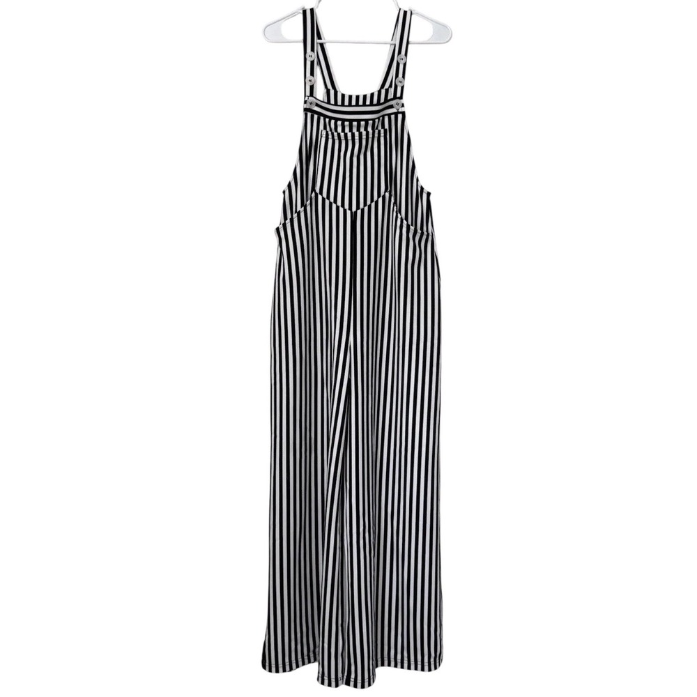 Halara Striped Waffle Wide Leg Overalls XS Tall Black White Stretch Jumpsuit